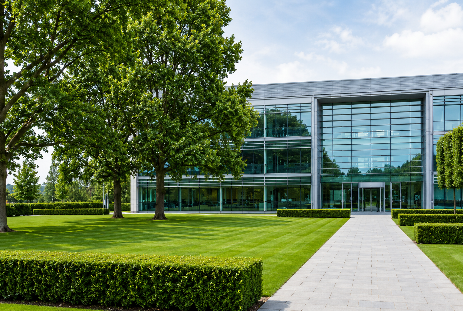 Modern commercial building with manicured lawn