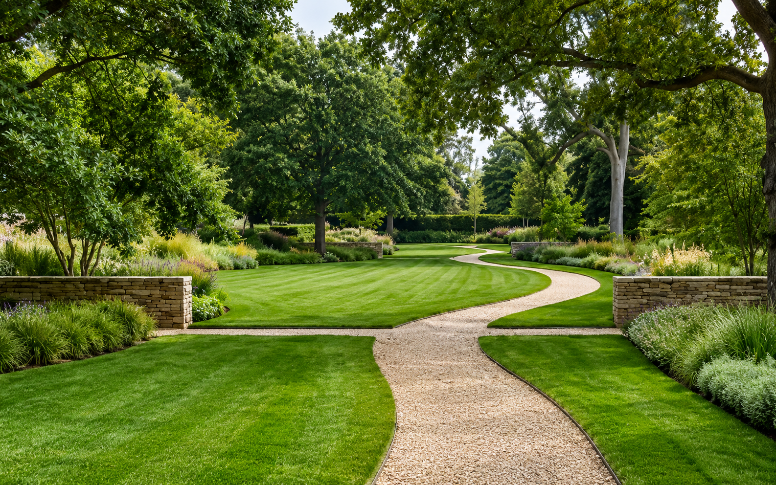 Landscaped estate garden with gravel path